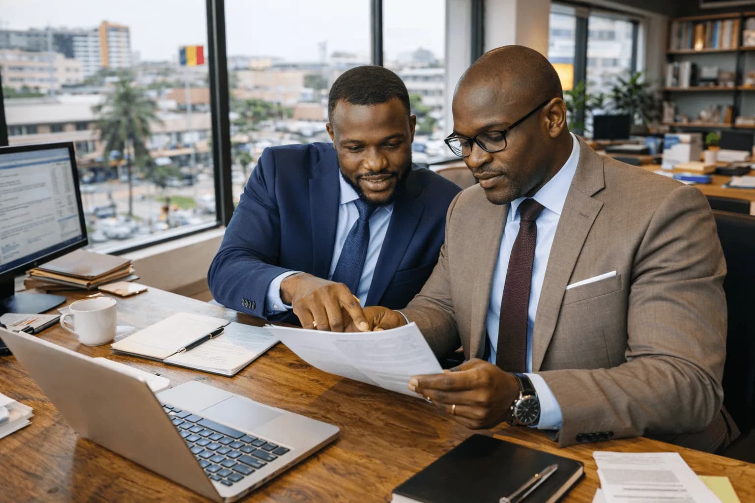 Deux professionnels africains analysant des documents dans un bureau à Cotonou