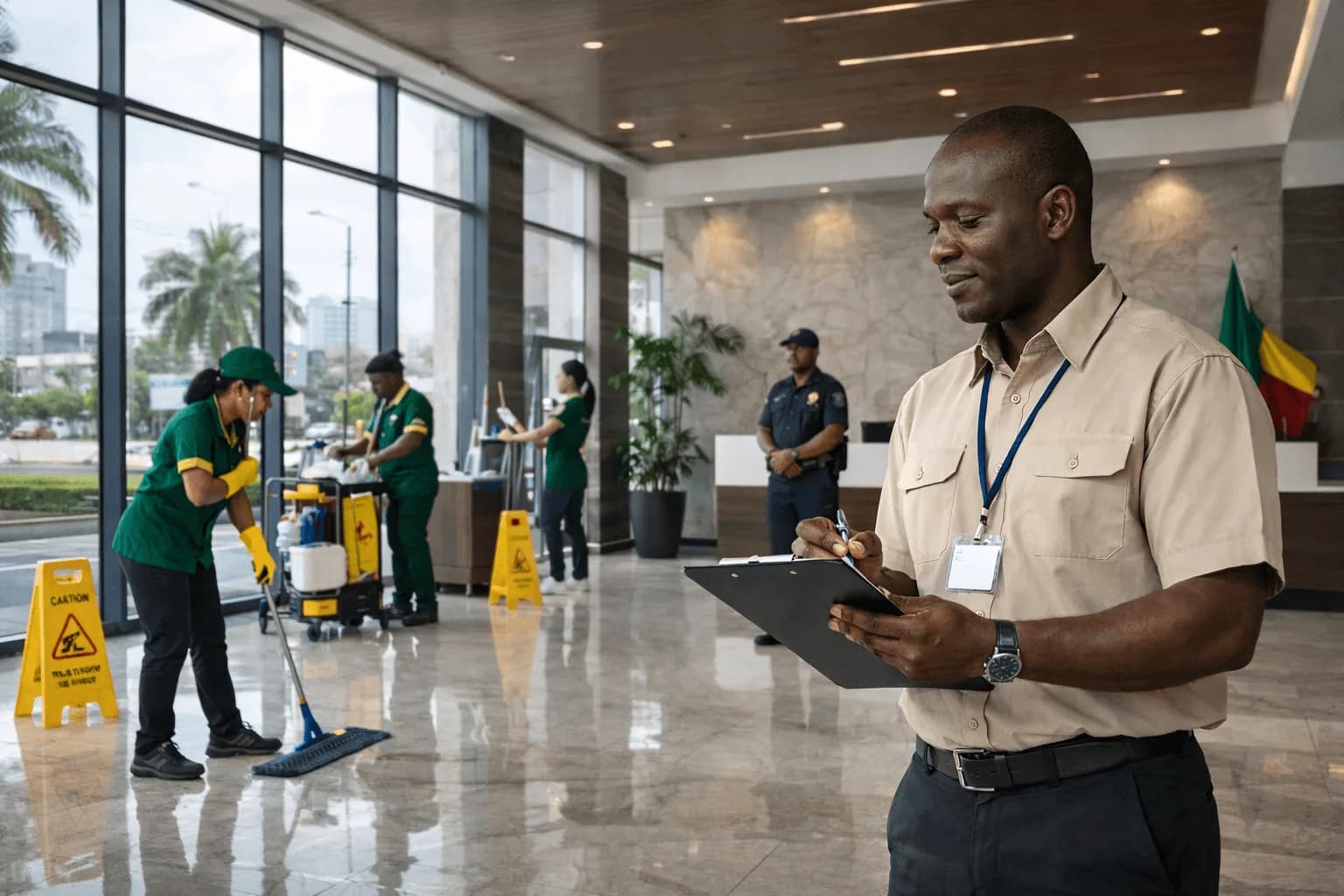 Coordinateur inspectant un lobby d'immeuble pendant que l'équipe de nettoyage et de sécurité intervient